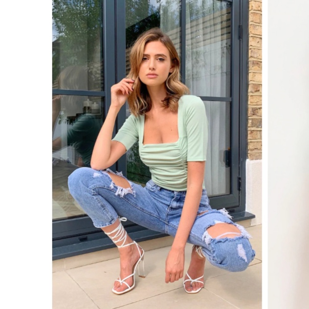 Light Sage Ruched Short Sleeve Bodysuit